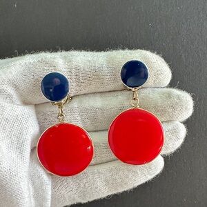 VTG Red White & Blue Dangle Disc Earrings Kinetic Acrylic Lucite W Germany